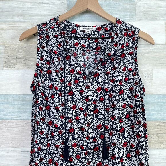 Beach Lunch Lounge Tassel Split Neck Tank Dress Blue Floral Casual Womens Small - Picture 2 of 6